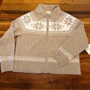 Marled Womens Fair Isle Zip Up Sweater Oatmeal Heather Snowflake M Nordic Ski